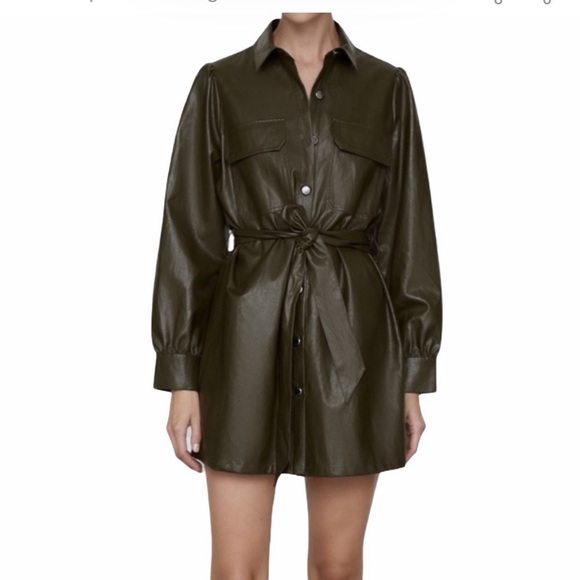 Zara Faux Leather Mini Dress Khaki - NWT - Picture 1 of 14